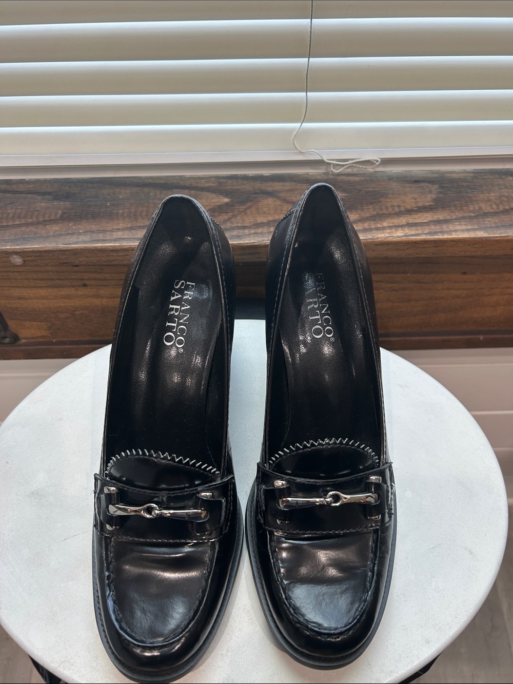 Franco Sarto Black Patent Leather Loafer Heels size 8